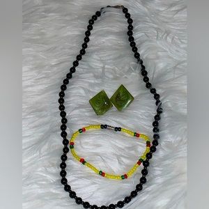 Glass Beaded Jewelry Set Black Yellow Green Beads Enamel Resin Post Earrings